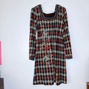 Double D Ranch Boho Western Plaid Flannel Embroidered Bell Sleeve Dress XS